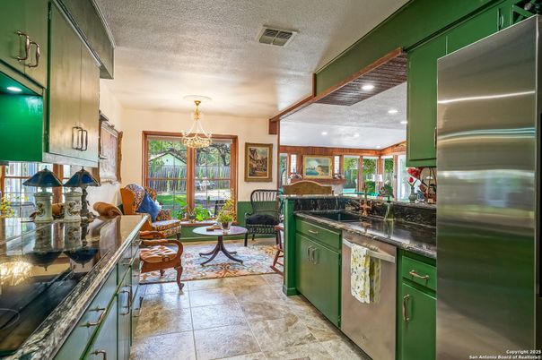 Chandelier, Dining room, Interior, Kitchen, Living room, Recessed Lighting, Stainless Steel Appliances