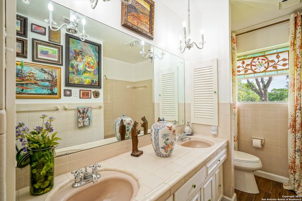 Bathroom, Dual Sink Vanities, Interior, Tile Countertops, Wood Texture Flooring