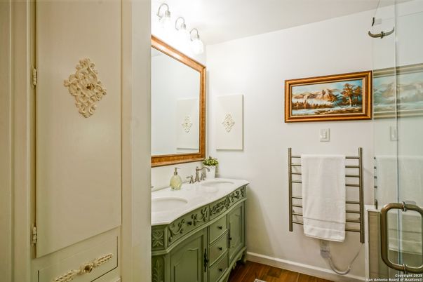 Bathroom, Glass Shower, Interior, Wood Texture Flooring