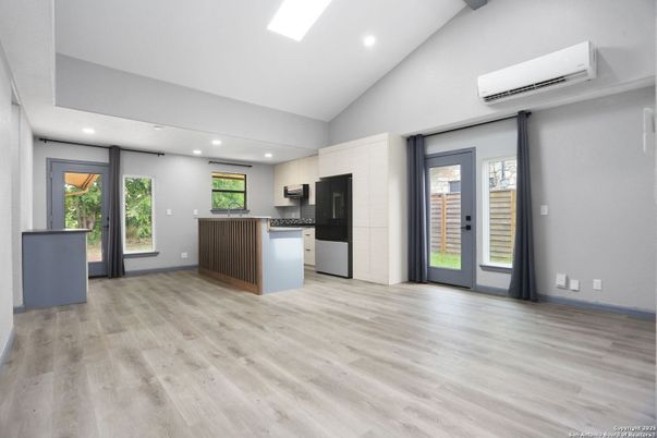Empty room, Interior, Kitchen, Recessed Lighting, Wood Texture Flooring