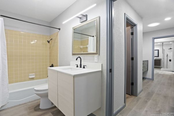 Bathroom, Interior, Recessed Lighting, Wood Texture Flooring