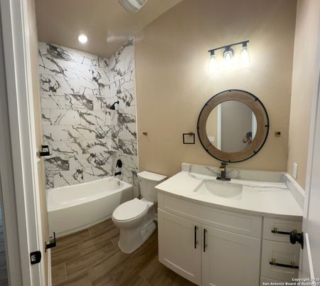 Bathroom, Interior, Marble Walls, Recessed Lighting, Wood Texture Flooring