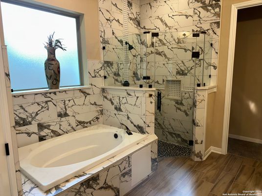 Bathroom, Interior, Marble Walls, Wood Texture Flooring