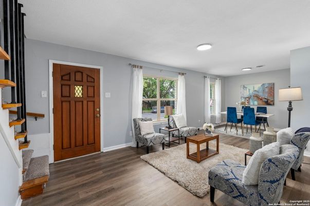 Dining room, Interior, Living room, Recessed Lighting, Wood Texture Flooring