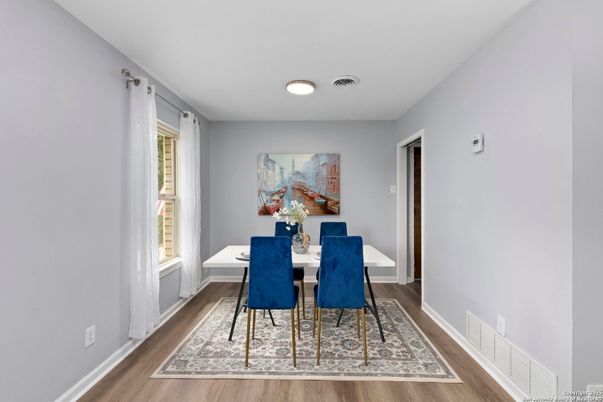 Dining room, Interior, Recessed Lighting, Wood Texture Flooring