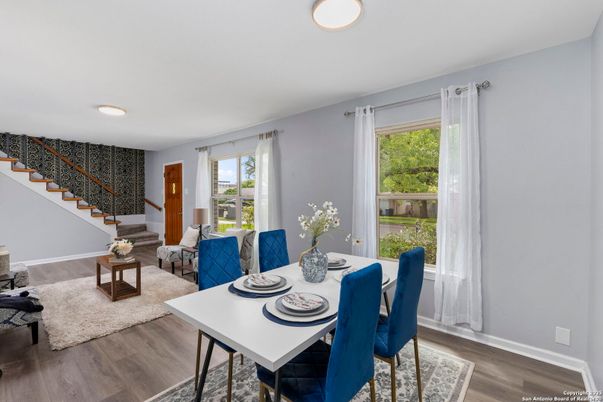 Dining room, Interior, Recessed Lighting, Wood Texture Flooring