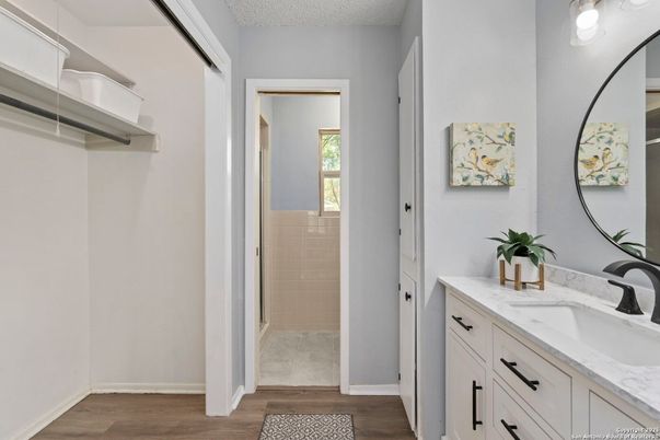 Bathroom, Dual Sink Vanities, Interior, Wood Texture Flooring