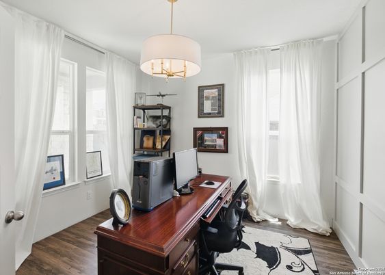 Chandelier, Home Office, Interior, Wood Texture Flooring