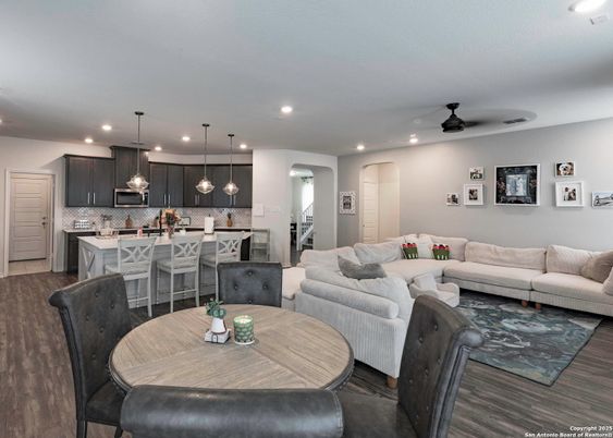 Dining room, Interior, Kitchen, Living room, Pendant Lights, Recessed Lighting, Wood Texture Flooring
