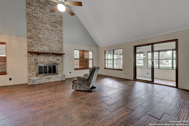 Empty room, Fireplace, Interior, Stone Walls, Wood Texture Flooring