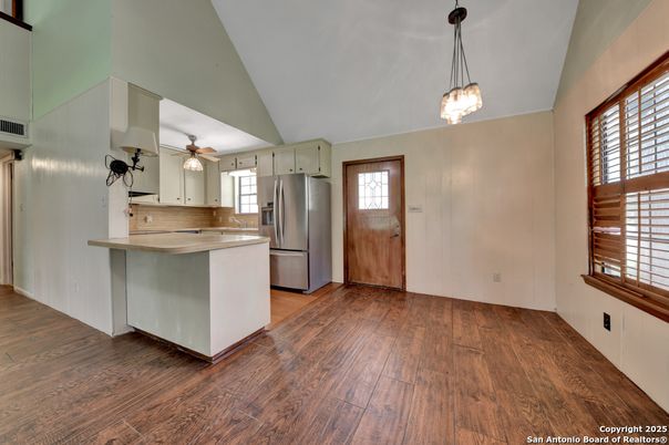 Interior, Kitchen, Pendant Lights, Wood Texture Flooring