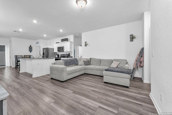Interior, Kitchen, Living room, Recessed Lighting, Stainless Steel Appliances, Wood Texture Flooring