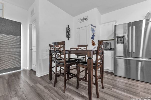 Dining room, Interior, Kitchen, Stainless Steel Appliances, Wood Texture Flooring