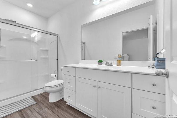 Bathroom, Glass Shower, Interior, Recessed Lighting, Wood Texture Flooring