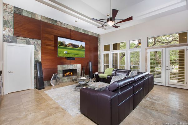 Fireplace, Interior, Living room, Recessed Lighting, Wooden Walls