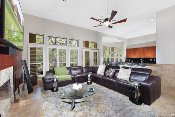Fireplace, Interior, Kitchen, Living room, Recessed Lighting
