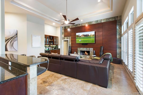 Fireplace, Interior, Living room, Recessed Lighting, Wooden Walls