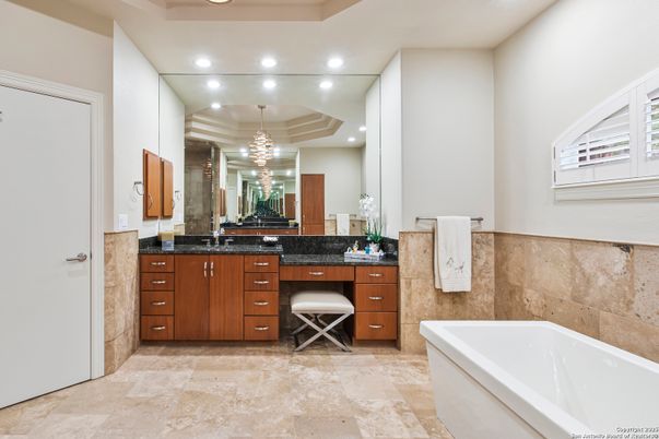 Bathroom, Chandelier, Dual Sink Vanities, Free Standing Baths, Interior, Recessed Lighting