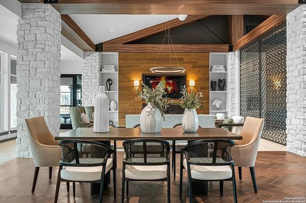 Dining room, Interior, Pendant Lights, Recessed Lighting, Stone Walls, Wooden Beams, Wood Texture Flooring, Wooden Walls