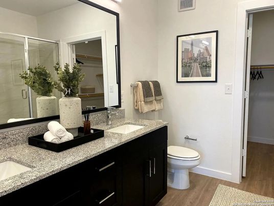 Bathroom, Glass Shower, Interior, Wood Texture Flooring