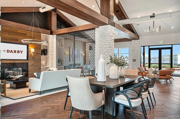 Dining room, Fireplace, Interior, Living room, Pendant Lights, Recessed Lighting, Wooden Beams, Wooden Ceilings, Wood Texture Flooring