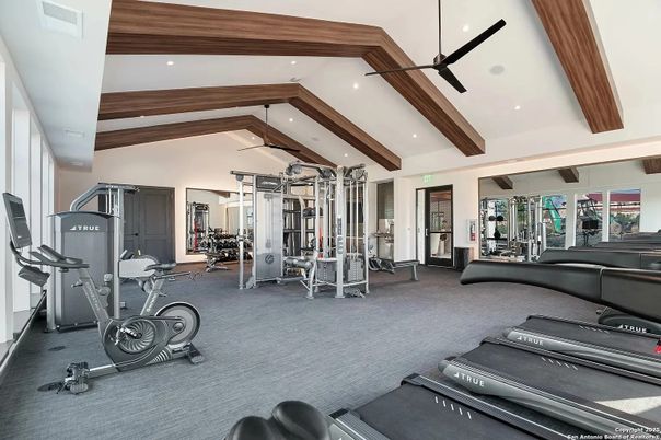 Fitness Equipment, Gym, Interior, Recessed Lighting, Wooden Beams