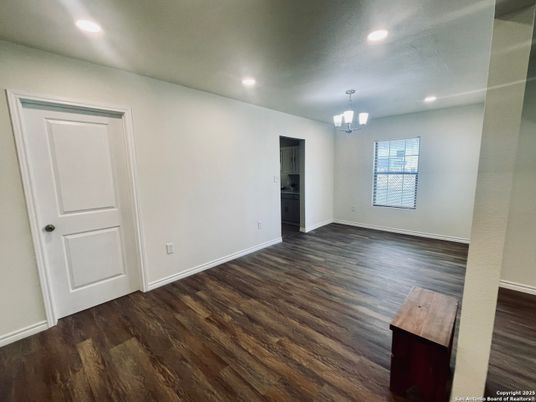 Chandelier, Empty room, Interior, Recessed Lighting, Wood Texture Flooring