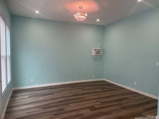 Chandelier, Empty room, Interior, Recessed Lighting, Wood Texture Flooring