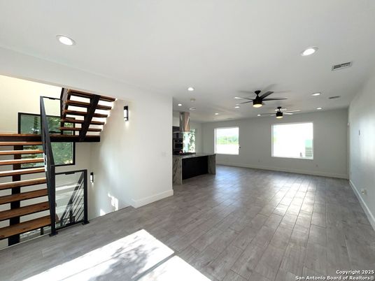 Empty room, Interior, Kitchen, Recessed Lighting, Wood Texture Flooring