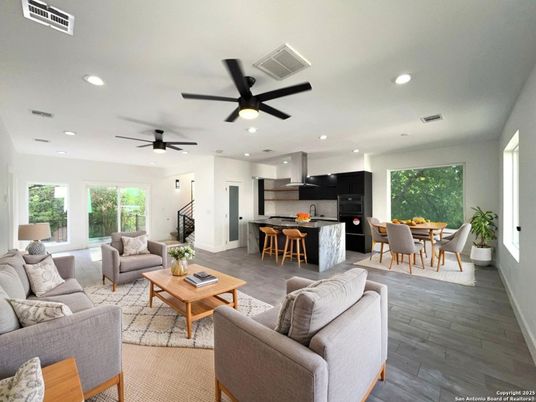 Dining room, Interior, Kitchen, Living room, Recessed Lighting, Stainless Steel Appliances, Wood Texture Flooring