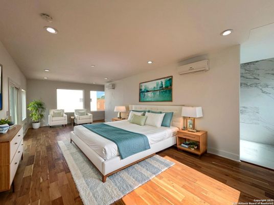 Bedroom, Interior, Recessed Lighting, Wood Texture Flooring