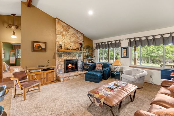 Fireplace, Interior, Living room, Pendant Lights, Recessed Lighting, Stone Walls