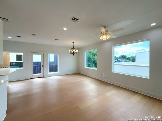 Chandelier, Empty room, Interior, Recessed Lighting, Wood Texture Flooring