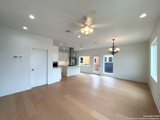 Chandelier, Empty room, Interior, Kitchen, Recessed Lighting, Wood Texture Flooring