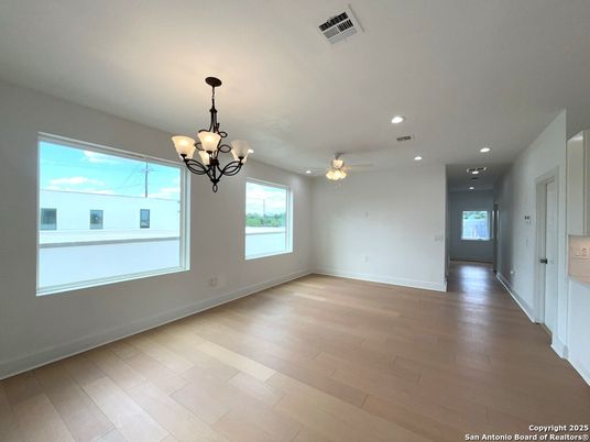 Chandelier, Empty room, Interior, Recessed Lighting, Wood Texture Flooring