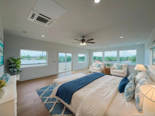 Bedroom, Interior, Recessed Lighting, Wood Texture Flooring