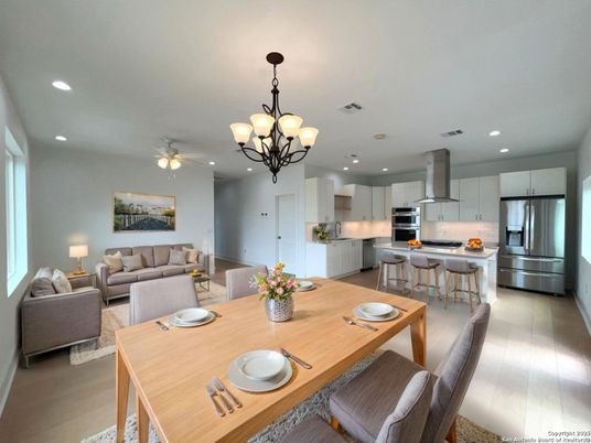 Chandelier, Dining room, Interior, Kitchen, Living room, Recessed Lighting, Stainless Steel Appliances, Wood Texture Flooring