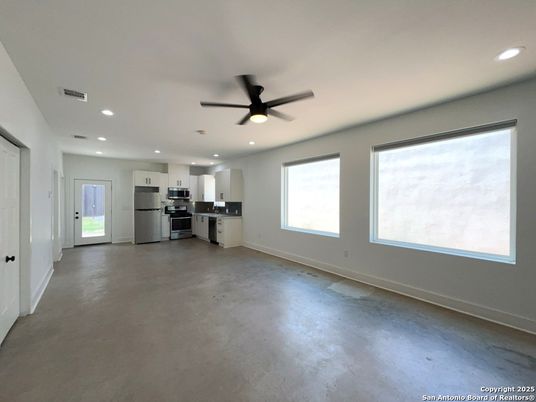 Empty room, Interior, Kitchen, Recessed Lighting, Stainless Steel Appliances