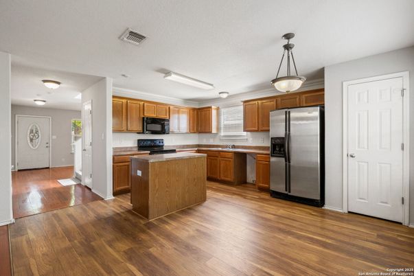 Interior, Kitchen, Pendant Lights, Stainless Steel Appliances, Wood Texture Flooring
