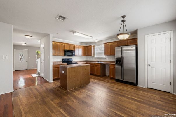 Interior, Kitchen, Pendant Lights, Stainless Steel Appliances, Wood Texture Flooring