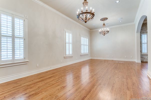 Chandelier, Empty room, Interior, Recessed Lighting, Wood Texture Flooring