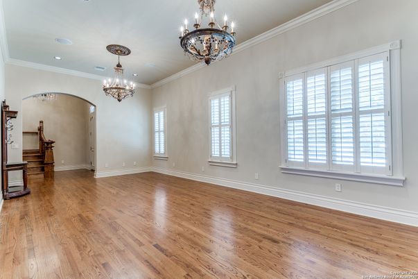 Chandelier, Empty room, Interior, Recessed Lighting, Wood Texture Flooring