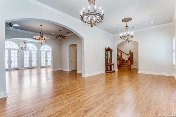 Chandelier, Empty room, Interior, Recessed Lighting, Wood Texture Flooring