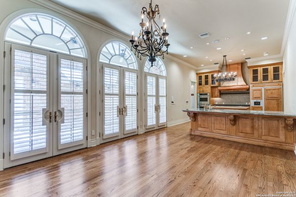 Chandelier, Interior, Kitchen, Recessed Lighting, Stainless Steel Appliances, Wood Texture Flooring