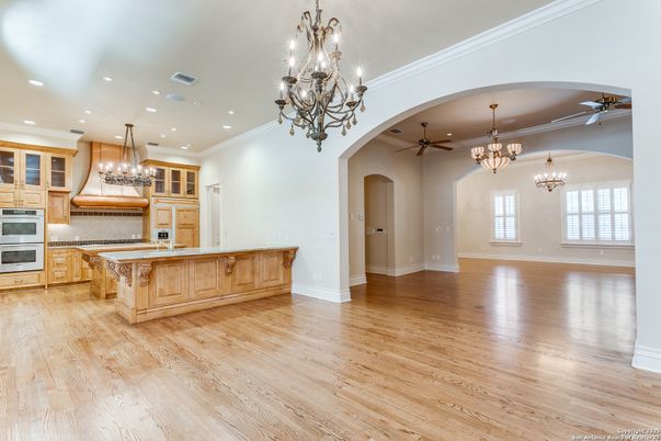 Chandelier, Interior, Kitchen, Recessed Lighting, Wood Texture Flooring