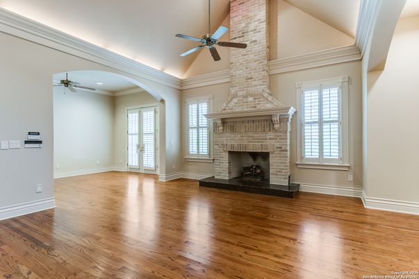 Empty room, Fireplace, Interior, Recessed Lighting, Wood Texture Flooring