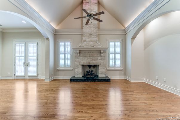 Empty room, Fireplace, Interior, Recessed Lighting, Wood Texture Flooring