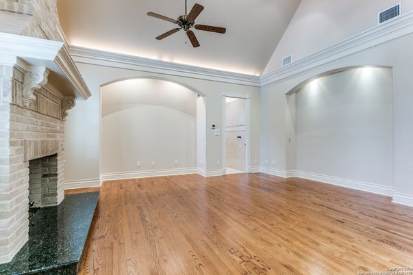 Empty room, Fireplace, Interior, Recessed Lighting, Wood Texture Flooring