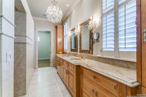 Bathroom, Chandelier, Dual Sink Vanities, Interior, Recessed Lighting