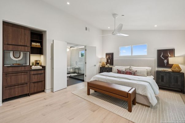 Bathroom, Bedroom, Glass Shower, Interior, Recessed Lighting, Wood Texture Flooring